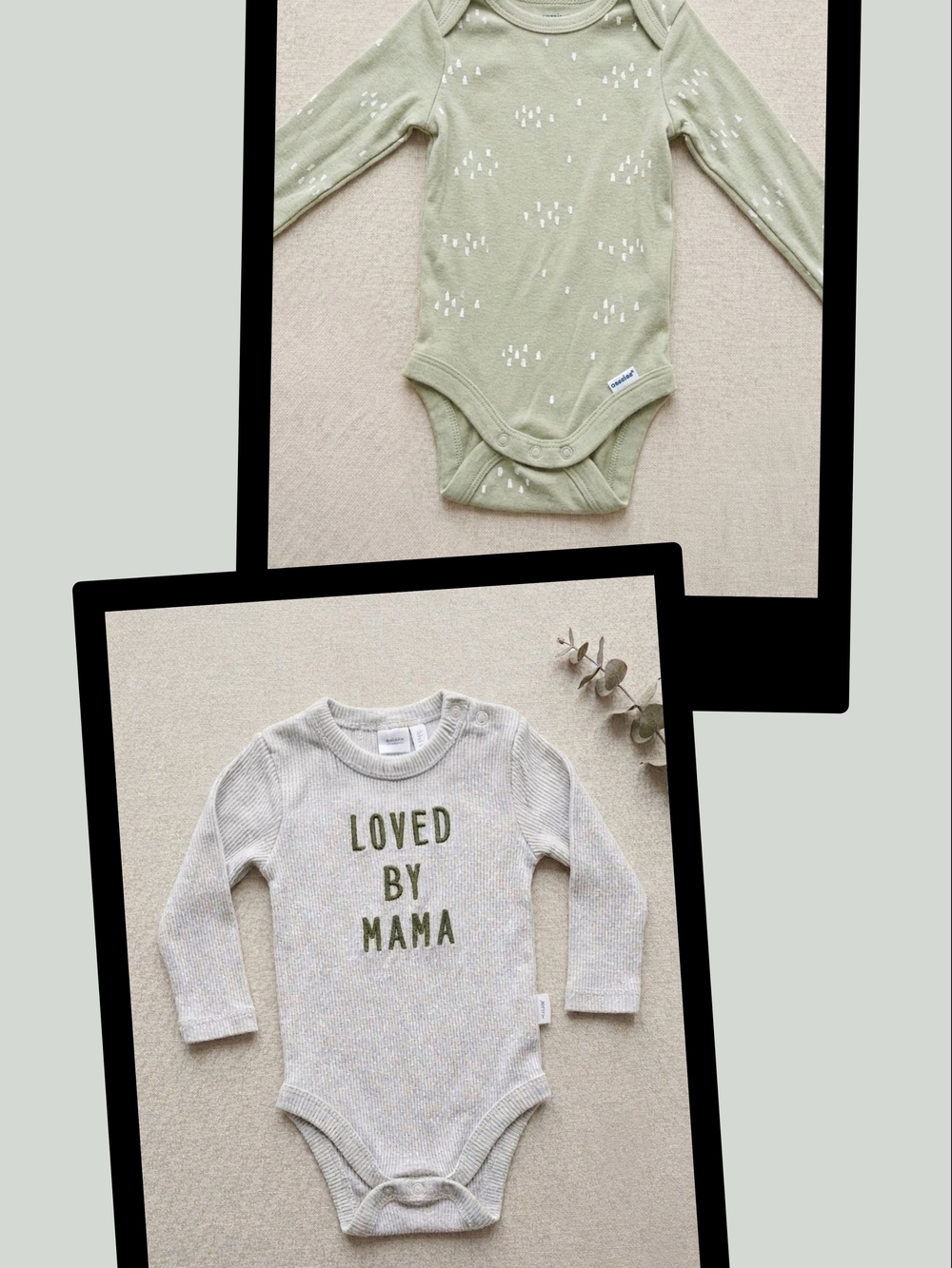 Newborn Baby Long Sleeve Bodysuits - Sage Green & Grey Ribbed Embroidered, 3-6M